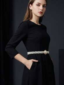 Women's Rhinestone Pearl Waist Chain Flower Buckle Belt Elegant Dress Decoration For Wedding And Party - E - 查看 3