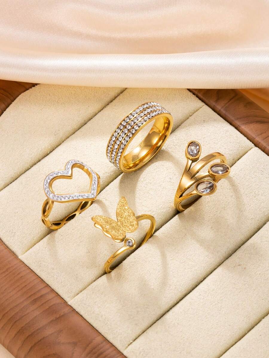Bộ 4 chiếc nhẫn thép không gỉ cao cấp với ba hàng đá pha lê, thiết kế hình bướm, trái tim và lá, thích hợp cho phụ nữ đeo hàng ngày hoặc làm quà tặng ngày Valentine. - nhẫn - Xem 1
