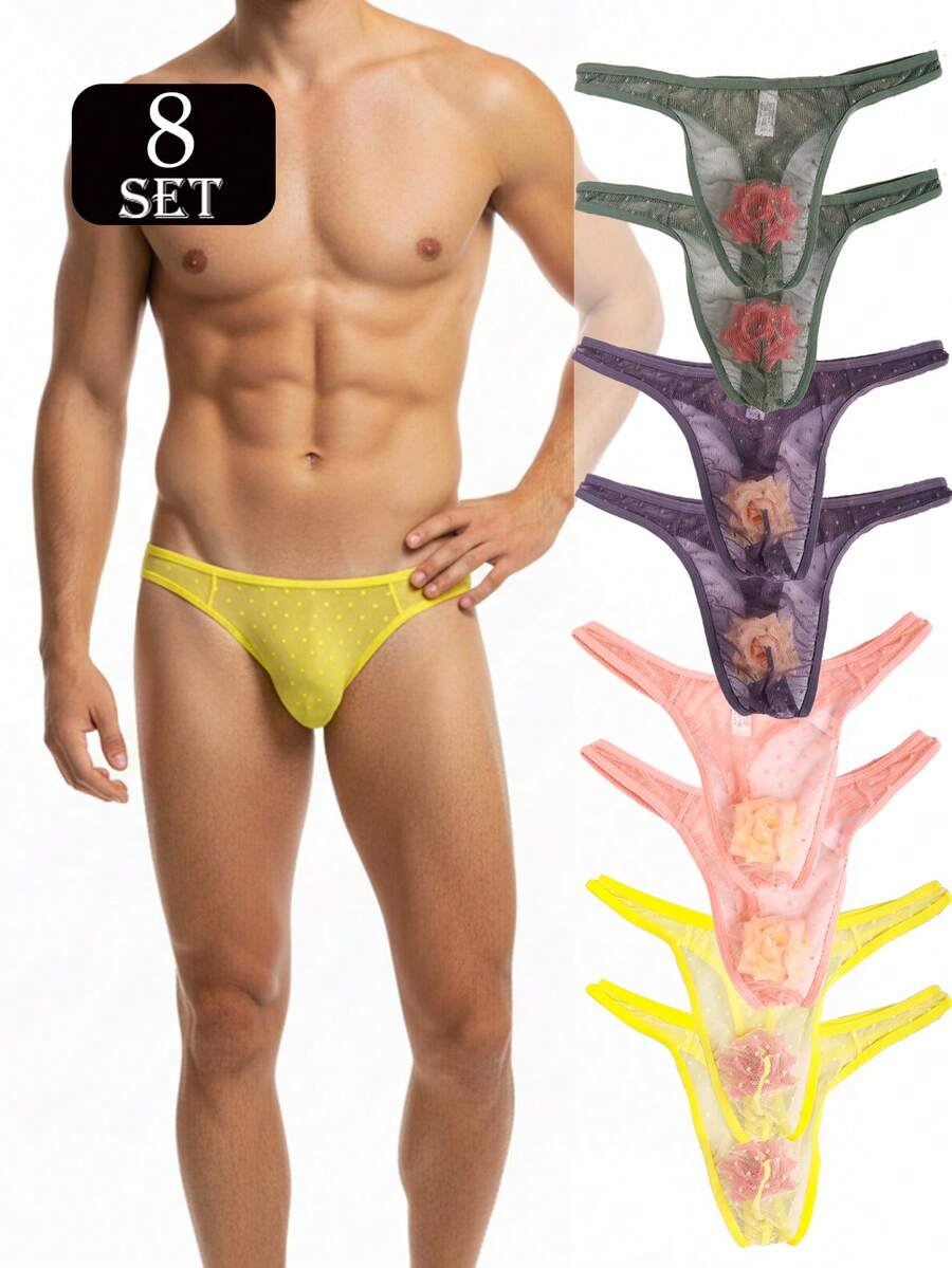 8-Pack Men's Sexy Lace Thong, Fashionable Lace Print See-Through Mesh Cutout Bikini Triangle Panties, Comfortable Breathable Elastic Low-Waist Underwear, Suitable For Daily Wear And Special Occasions - 混合色 - 查看 1