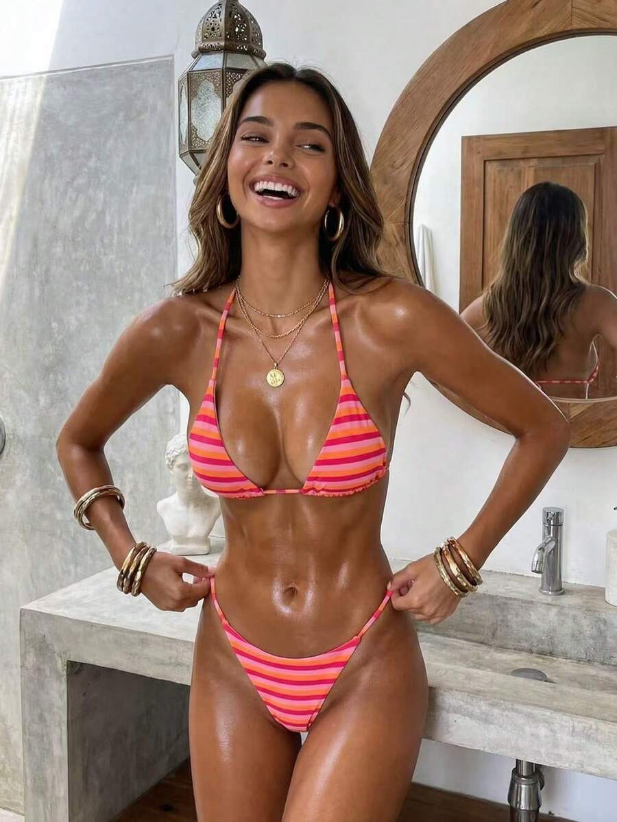 Women's Sexy Fashion Minimalist Elegant Romantic Two Pieces Casual Beach Travel Party Reversible Striped Print Halter Swimwear Set, Spring/Summer New Arrival - Orange - View 1