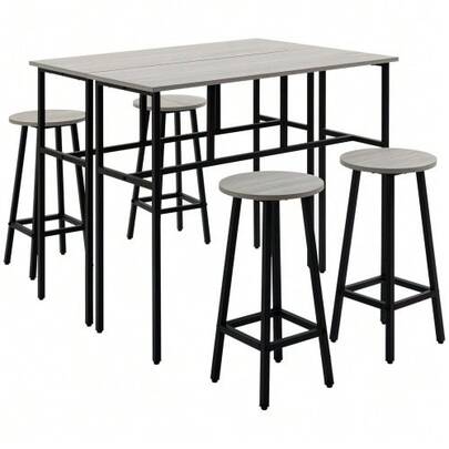 Dining Room Set, 6-Piece Set Including 2 Bar Tables And 4 Bar Stools, Industrial Style, Particle Board And Steel, Grey And Black.