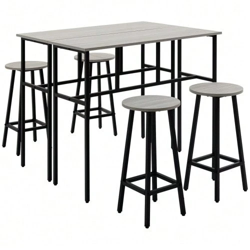 Dining Room Set, 6-Piece Set Including 2 Bar Tables And 4 Bar Stools, Industrial Style, Particle Board And Steel, Grey And Black. - Grey - View 1