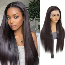 28英寸长柔软直发黑色卡尼卡隆合成耐热纤维13x6高清蕾丝前假发，带预先拔毛的婴儿发，无需胶水 - 彩色 - 查看 3