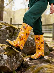 女士雨靴高筒花园靴可爱农场印花休闲园艺靴 - 黃色 - 查看 2