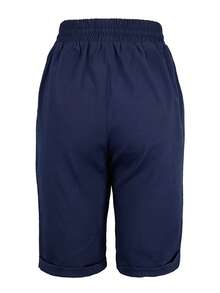 Women's Solid Color Drawstring Waist Pocket Casual Bermuda Shorts Summer - Navy Blue - View 3
