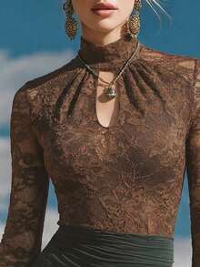 Elegant & Fashionable Multi-Purpose Lace Pleated Front Design Sheer Back Flare Sleeve Women's Top, Spring/Summer New Arrival, Summer Blouse - Brown - View 2