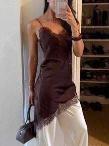 Vestido Casual Elegante e Sexy Feminino GMFP, Cor Sólida com Recorte de Renda, Bainha Assimétrica, Sem Alças, Ideal para Viagem, Férias, Festa Marrom, Adequado para Festival de Música/Temporada de Casamento no Verão - Castanho - Visão 3