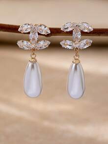 1Pair Vintage Faux Pearl Dangle Drop Earrings For Women, Elegant Daily Wear Jewelry, Party Gift - 金色 - 查看 7