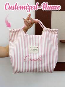 Customizable Personalized Name Retro Striped Handbag With Name Logo And Floral Text, Underarm Tote Bag, Retro Striped Canvas Handbag, Lightweight And Large Capacity Casual Fashion - Multicolor - View 11
