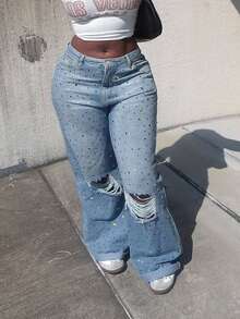 Y2K 水钻装饰宽松直筒破洞牛仔裤，情人节时尚休闲街头风 - 淺色水洗藍 - 查看 1