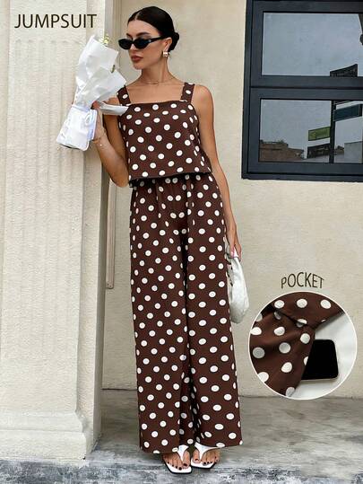 Women's Standard Size Jumpsuit, Summer Polka Dot Print Sleeveless With Pockets And Zipper Back, Wide Leg Casual Vacation Jumpsuit Elegant