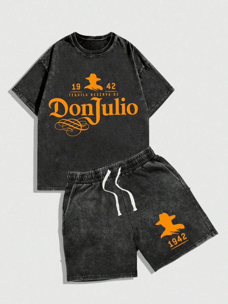 Black Mens Creative T Shirt And Shorts Set American Vintage Full Print Street Wear Essential T Shirt Set Men Graphic T Shirt And Shorts Set With Don Julio 1942 Tequila Reserva De Logo And Bird Design For Casual Outfits And Everyday Wear - 黑色 - 查看 1