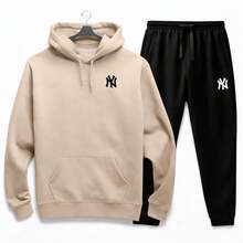 Men's Stylish Kangaroo Hoodie Set + Unisex Sweatpants Set - Beige - View 1