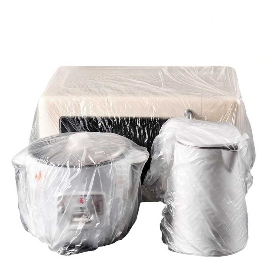 50pcs/Pack Thick Disposable Microwave Oven Dust Cover, Household Appliance Protective Film, Transparent PE Cover With Elastic Edge, Suitable For Kitchen Utensils & Electronics, Clear Visible Coverage, Tight Elastic Fit - Full Coverage - View 1