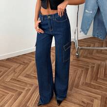 Women's Casual Flap Pocket Straight Leg Jeans, Autumn - Navy Blue - View 2