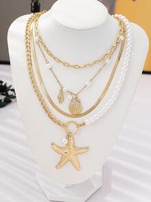 4pcs Fashionable Versatile Multi-Layer Snake Chain Pearl Necklace With Starfish & Shell Pendant Set, Bohemian Style For Women, Suitable For Holiday, Party, Beach - Gold - View 2