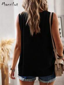 Lightweight Women Cardigan, Sleeveless Open Front Vest, Single-Breasted Loose Casual Style - Black - View 2