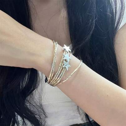 1pc New Arrival Multi-Layer Leather Bracelet With Star Charm, Unique Design Wristband For Women