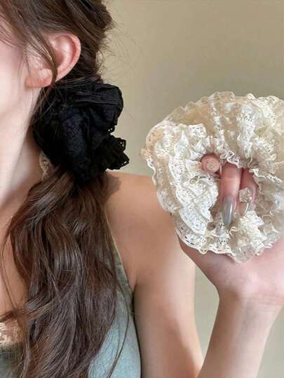 1/2pcs Elegant Lace Hollow Sausage-Shaped Hair Scrunchies, Black & White, Multifunctional, Silky Texture, Floral Pattern Decor, Soft & Durable, Suitable For Women As Hair Accessory, Hair Tie, Hair Tie Or Ponytail Holder