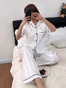 2pcs Striped Subtle Textured Satin Short-Sleeve And Pants Pajama Set - Spring/Summer Comfortable Casual Loungewear Set - trắng - Xem 6