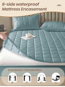 1件装防水六边拉链床垫保护套,绗缝舒适贴身床单,适用于12英寸厚床垫,适用于单人床/双人床/大号床/特大号床,透气静音,防尘,氧化蓝,亲肤,可机洗,优质拉链床垫套,理想的家居装饰,完美的节日礼物 - 氧氣藍(30cm笠高) - 查看 5