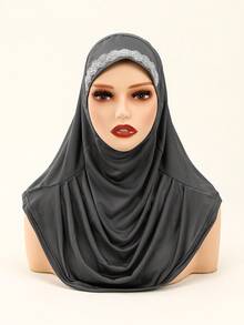 قطعة واحدة غطاء رأس نسائي أحادي اللون، وشاح رأس قابل للطي مريح من البوليستر، وشاح رأس عملي، توبون، خمار طويل فوري، مناسب للارتداء اليومي في جميع الفصول - وشاح رأس مطوي مرصع بأحجار الراين المتلألئة - مشاهدة 23