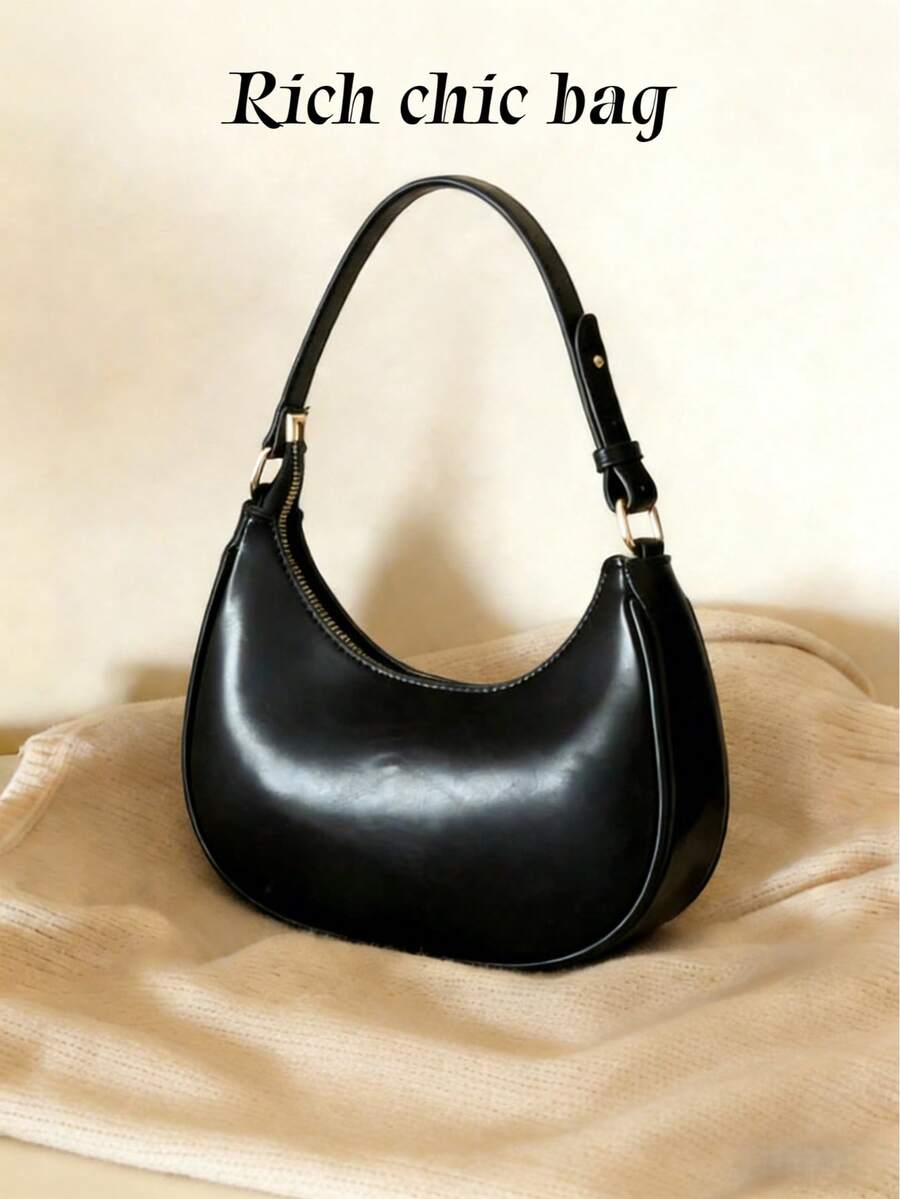 2026 New Fashionable And Simple Crescent-Shaped Bright Surface Shoulder Bag,.[US-Based Shipping] With A Distinctive Texture And Classic Look. Suitable For Daily And Commuting Use. Detachable Shoulder & Crossbody Bag, Business Casual Women's Bag, Perfect For Office, Business And Work, Japanese Bag, Vintage Bag For Women, Street & Japanese Bag For Women, Old Money, Valentine's Day Gift, Gift For Women, Gift For Girls. - 黑色 - 查看 1
