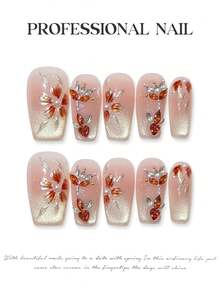 10 Stücke rosa-goldene Bernstein-Blumen Handgemachte Acryl Aufklebe-Nägel, Nude-Farbverlauf mit Blumen & Strass Fake Nägel, kurze Sarg-Form Nägel, DIY Nagelkunst Zubehör, wiederverwendbar, mit Gelee-Kleber und Nagelfeile, geeignet für den täglichen Gebrauch, Festivals & Valentinstag Handgemachte Aufklebe-Nägel - Babypink - Übersicht 2