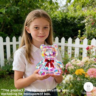 1个带红色蝴蝶结的几何造型发光小熊摆件，节日装饰，USB供电无需电池，趣味十足的桌面玄关摆件，情人节、周年纪念日、复活节、婚礼礼物