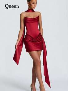 2026 Metallic Wrap-Around Plunging Dress With A Fitted Bodice And Pleated Waist - A Stylish And Elegant Short Dress With A Pure Color That Flatters The Figure. Perfect For Both Casual Gatherings And Formal Events, It Is A Versatile Women's Garment. - 紅色 - 查看 3