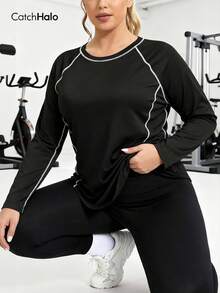 Plus Size Women's Long Sleeve Black Contrast Stripe Sports T-Shirt, Curved Hem, Raglan Sleeve Design, Breathable Quick-Dry, Suitable For Yoga, Running, Fitness, Daily Wear Spring - Black - View 4
