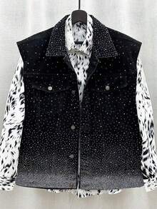 High End Fashion Rhinestone Starry Denim Versatile Loose Sleeveless Vest - 黑色 - 查看 3