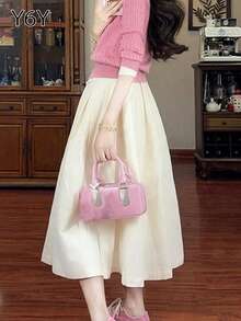 [Y6Y] Women's A-Line Woven Fabric Skirt, Casual Cute Elegant Daily Wear, Non-Stretch Flowy Mid-Length Skirt - Light Yellow - View 2