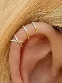 两只耳夹，简约优雅的双层设计，无需耳洞，线条现代，情侣耳环，耳环，无需电池 - 金色 - 查看 3