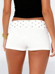 Women Vintage Studded Fold Over Shorts Y2k Low Waist Rivet Micro Shorts Punk Slim Fit Boyshorts Gothic Rave Party Mini Bottoms - 白色 - 查看 2