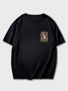 Krometka Men's Retro American Street Style Loose Fit Short Sleeve T-Shirt | Half Geisha Half Oni Mask Split Image Print | Exquisite Design | Essential For Spring/Summer | Versatile All-Match Tee | Express Personal Style - Black - View 7