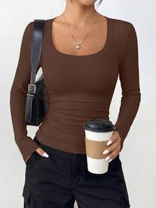 Women Spring And Fall Long Sleeve Shirts Clothes Cute Going Out Tops Ribbed Tight Fitted Plain Basic Tee Tshirts Vacation Outfits For Women - Nâu sẫm - Xem 4
