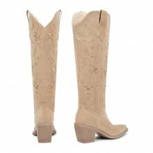 Womens Cowboy Boots Knee High Cowgirl Boots With Pointed Toe Chunky Heel Retro Vintage Floral Embroidered Pull On Tall Western Boot - 磨砂杏色 - 查看 5