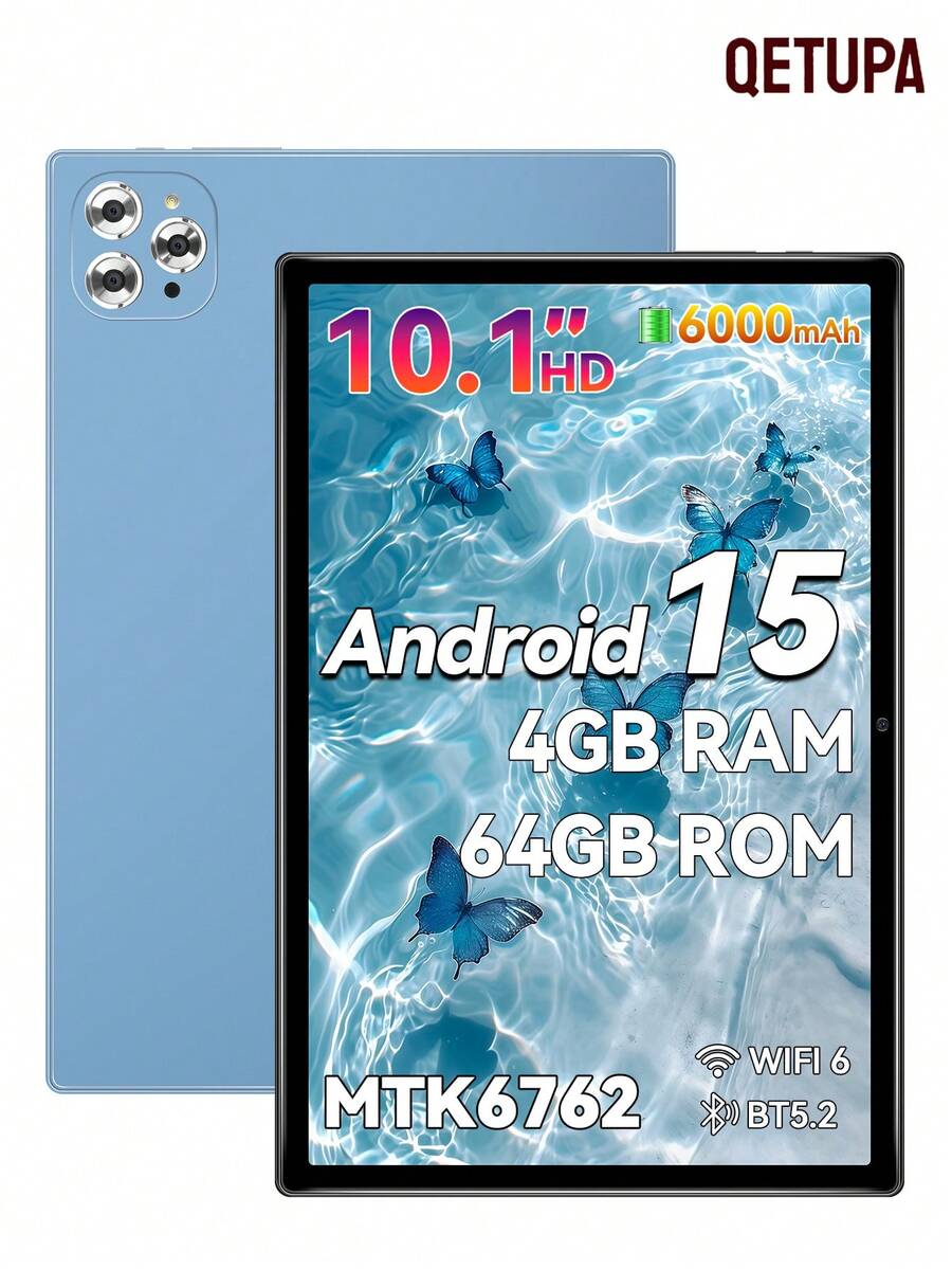 Qetupa (不支援 SIM 卡)10.1 吋 Android 13 平板電腦,4GB RAM+64GB ROM,MTK 6737 四核 1.3GHz 處理器,HD(1280x800) IPS 觸控螢幕,5MP 前置鏡頭&13MP 後置鏡頭,6000mAh 電池(不含適配器) - 藍色 - 查看 1