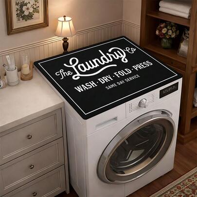 1 stuk Home Decor Laundry Co Patroon Bedrukte Stofhoes voor Wasmachine, Zachte Rubberen Onderkant, Wasruimte Accessoire, Beschermmat Bovenkant Wasmachine, Snel Absorberend en Droog, Stofhoes voor Koelkast, Absorberende Mat voor Koffiezetapparaat, Diatomiet Afvoermat, Moderne Stofhoes voor Wasmachine en Droger voor Wasruimte en Keukenapparatuur, Woondecoratie, Keuken en Eetkamer Decoratie