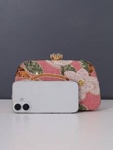 1pc Fashionable Floral Pattern Women's Handbag, Vintage Shiny Sequin Embroidered Flower Chain Evening Bag, Suitable For Party Girls, Brides, Newlyweds, And Office Workers, Parties, Weddings, Mini Box Bag (Random Pattern) - Hot Pink - View 5