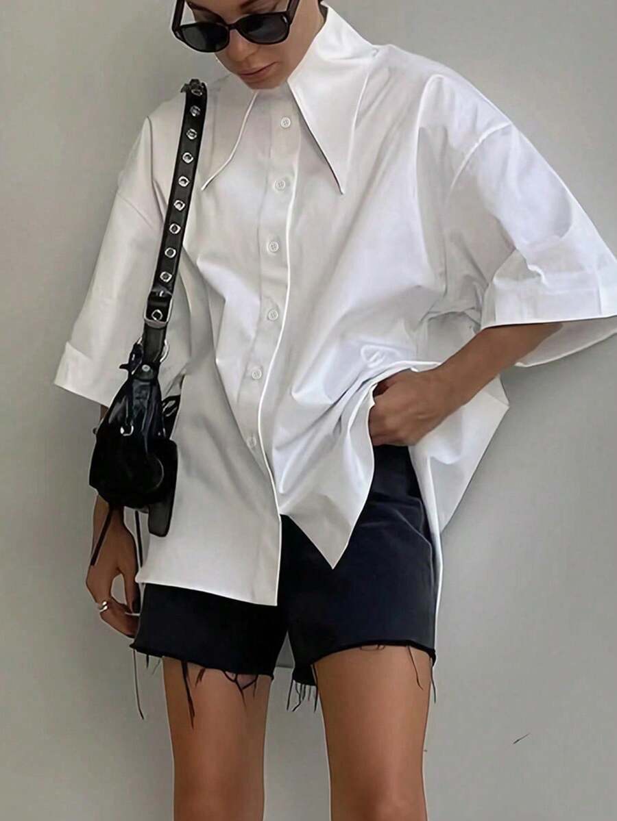 SUNSTORY 女士撞色长袖衬衫，适合海滩早午餐、办公室茶话会、音乐会、乡村音乐会等场合，休闲户外度假外套，秋季女装，返校季女装，复古衬衫，休闲衬衫，派对女装，优雅通勤商务度假衬衫 - 白色 - 查看 1