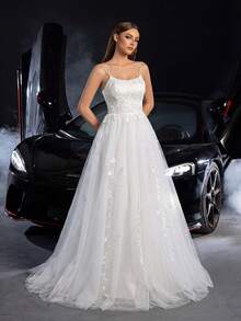 Elasola Bridal Gown With Spaghetti Straps, Floor-Length, Back Tie Design, Decorated With Applique Fabric And Extra-Large Sheer Tulle, Suitable For Spring/Summer Weddings And Nature-Themed Parties White - White - View 5