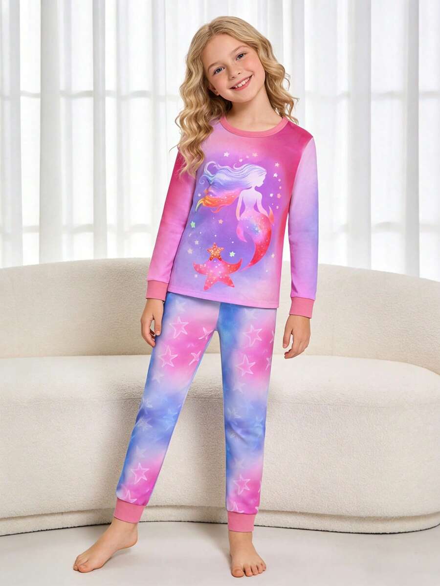 少女舒适版紫色和粉色扎染美人鱼和海星印花长袖睡衣套装 - 彩色 - 查看 1