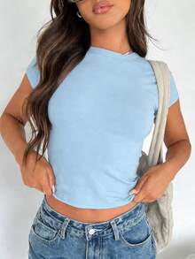 女士夏季新款休闲修身圆领短款T恤，时尚日常上衣，适合日常穿着和度假穿着 - 淺藍色 - 查看 1