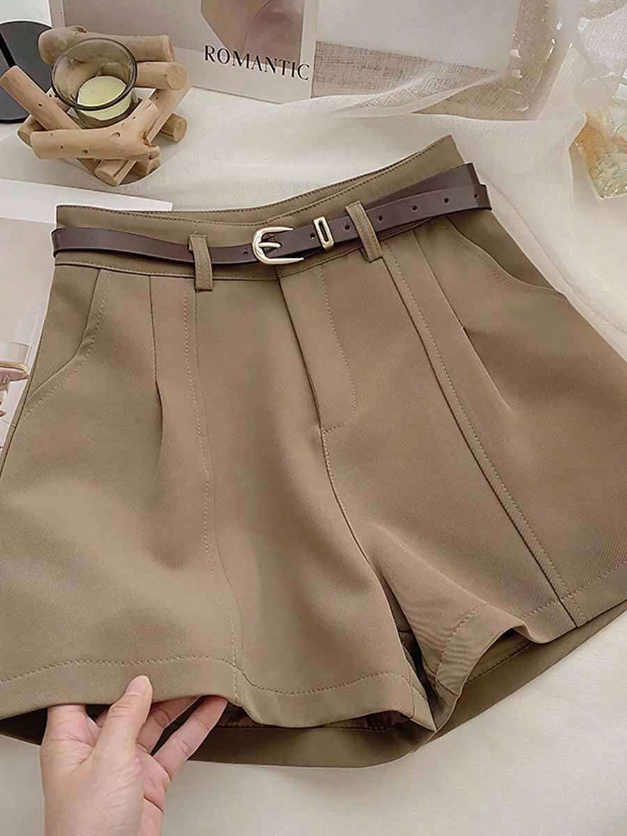 Pantalones cortos para mujeres Pantalones cortos informales para mujer - Nueva colección de verano Estilo coreano con un toque retro inspirado en Hong Kong Diseño de cintura alta adelgazante Prendas de abrigo Pantalones anchos de corte A - Caqui - Ver 1