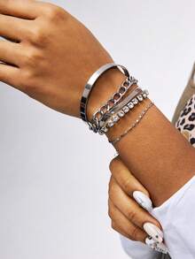 5 件/套波西米亚风格金手镯，串珠链多层手链，女士派对珠宝礼物 - 銀色 - 查看 5