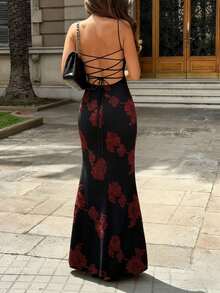 叶子花卉提花生日派对优雅网纱拼接正式晚礼服度假黑色 - 黑色 - 查看 3