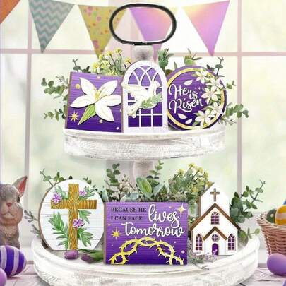 1/6件套复活节多层托盘装饰，基督教“他已复活”托盘装饰套装，紫色复活节宗教信仰十字架教堂百合花木质标牌，春季家居餐桌架壁炉架派对节日装饰（不含托盘）