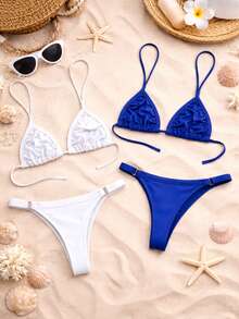 Set Of 2 Women's Adjustable Triangle Bikini Bottoms With Thong Style For Summer And Beach Use. - Blue and White - View 1